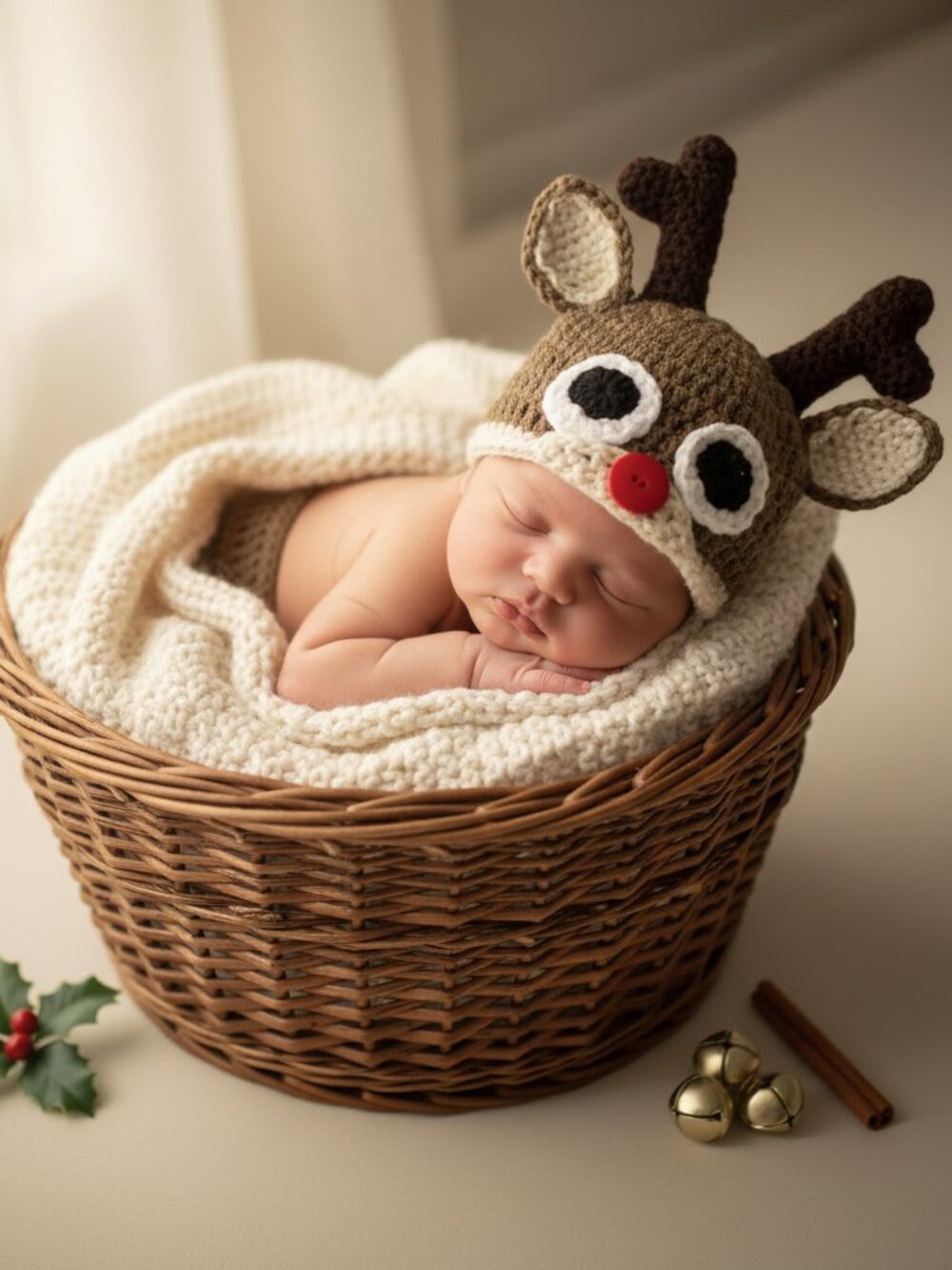Red-Nosed Reindeer Crochet Baby Set — Christmas Hat & Diaper Cover Newborn Photo